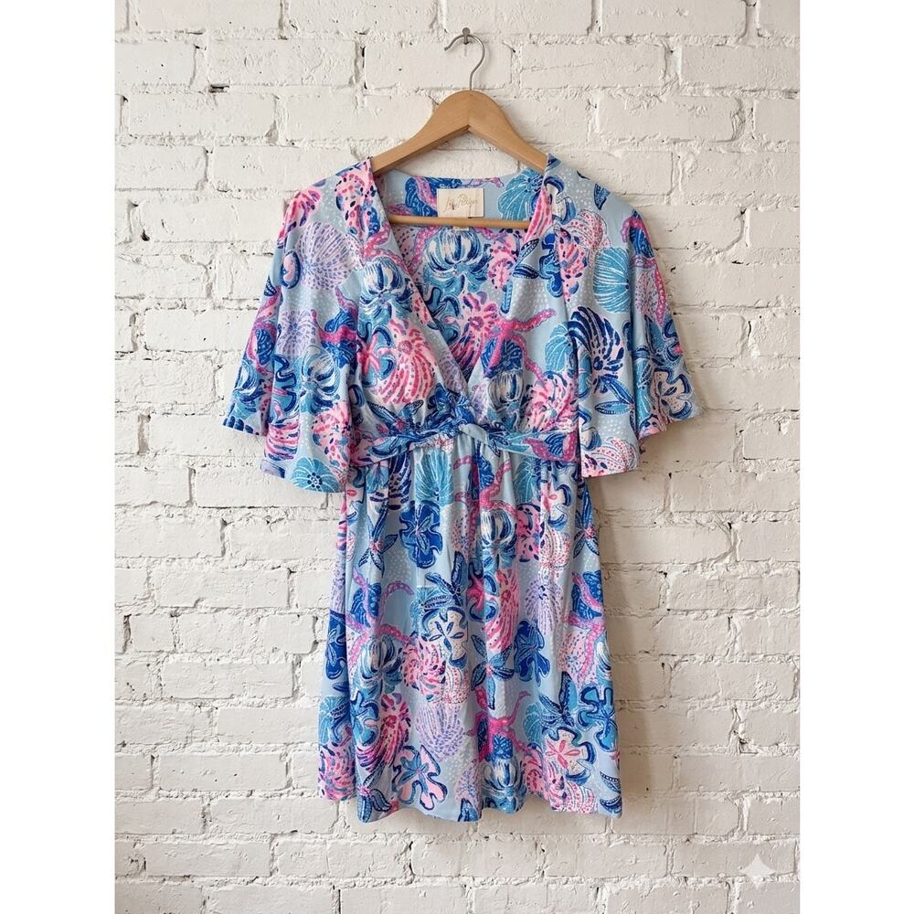 Lilly Pulitzer Sea Blue Pink Shell Flutter Sleeve Empire Waist Mini Dress minka